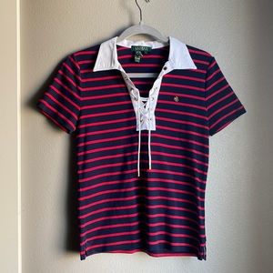 Vintage Lauren Ralph Lauren striped shirt with lace up detail, navy/red/white S.